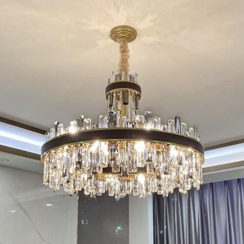 Living Room Modern E14 Led Lighting Luxury Lustre K9 Crystal Pendant Lights Gold Metal Hanging Lamp Leather Led Lamp Fixture