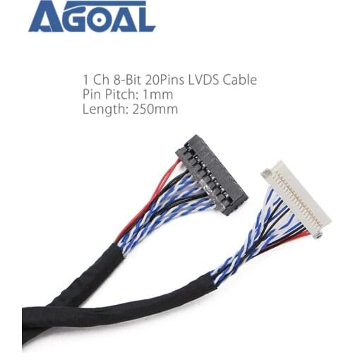 Universal 20Pin DF19-20-D8 1ch Signal 8 Bit LCD Screen Driver Board Line LVDS Screen Cable 1mm pin pitch 250mm