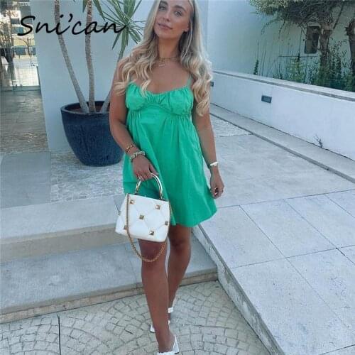 Green Short Summer Dress Za 2021 Women Spaghetti Strap Ruched Backless Mini Robe Longue Dos Nu Sukienki Letnie Kobieta Sukienka