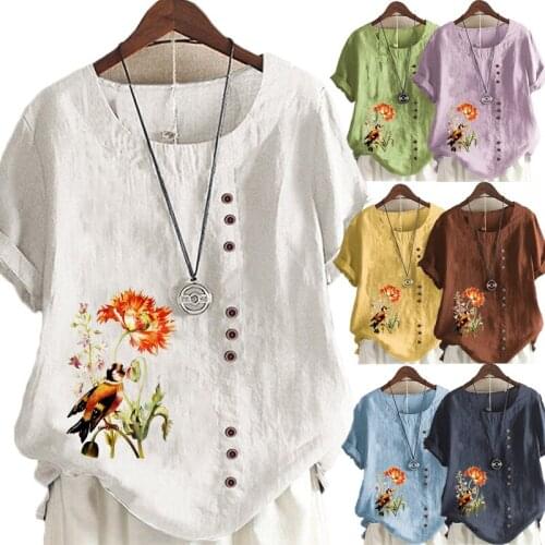 Summer Womens Fashion Floral Printed Short Sleeve Round Neck Blouse Ladies Linen Button Tops Loose T-shirts S-5XL Plus Size