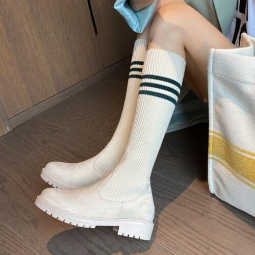 Flock Stitching Knitting Wool Low-Heeled Flat Socks Boots Womens Large Size Elastic Boots Students Warm Autumn And Winter Shoes