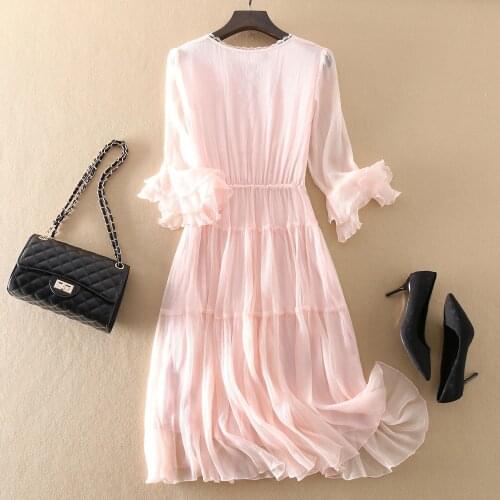 Vintage Summer Dress Women Real Silk Dresses Korean Elegant Long Ruffles Vestidos Ladies Boho Pink Party Dress 0990099
