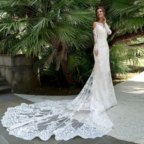 Vestido De Noiva Sereia O-Neck Buttons Up Back Beaded Crystal Appliques Mermaid Wedding Dresses With Detachable Long Sleeve