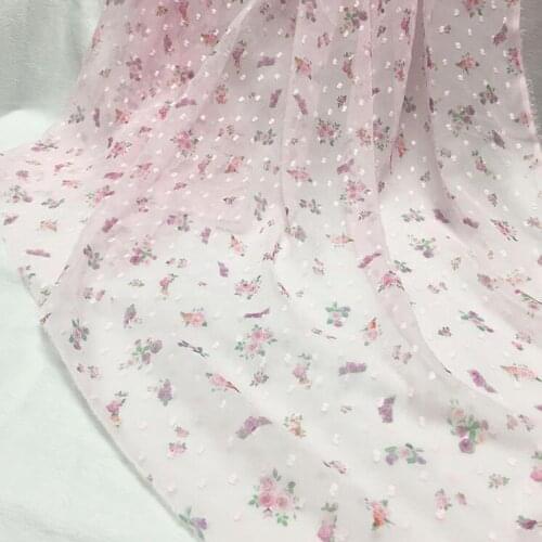 1Meter Small Flowers Printed Chiffon Lace Fabric Summer African Fabric For Girls Wedding Dress Sewing Net French Fabric DIY Pink