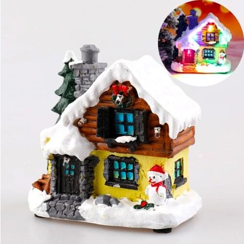 1pcs Christmas Decorations for Home Resin Snow House with Colorful Flashing LED Light 2021 Happy New Year Noel Goods