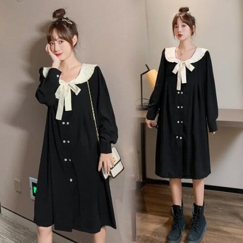 1519# Maternity Clothes Spring Autumn Long Sleeve Bow Collar Loose Stylish Dress for Pregnant Women Mom Dress