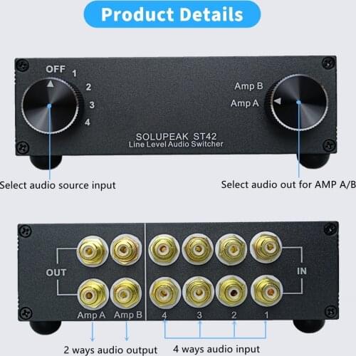 4-Way RCA Line Amp Router Audio Switcher Selector Splitter 4 IN 2 OUT stereo audio source signal input switch box hifi