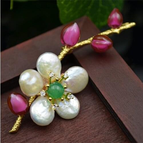 Natural Shaped Pearls Glass Flower Branches Delicate Brooch Pendants