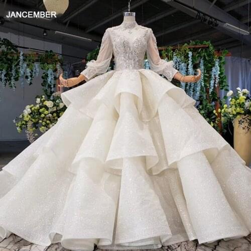 HTL969 ball gown wedding dress long sleeve tulle lace bead sequin illusion luxury wedding gown high neck свадебные платья 2020