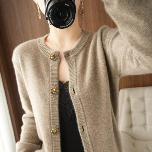 100% Wool Womens Cardigan Knitted Sweater Female O-neck Long Sleeve Jacket Autumn Winter Loose Cashmere Coat Plus Size Tops