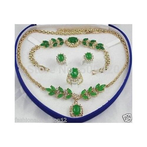 Wholesalehot-set green jade stone Necklace Bracelet Ring Earring