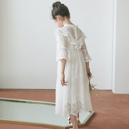 Korean Girls Dress Princess Party Wedding Lace Embroidery Long Dress Elegant White Purple Maxi Dresses for Teen Girl Children