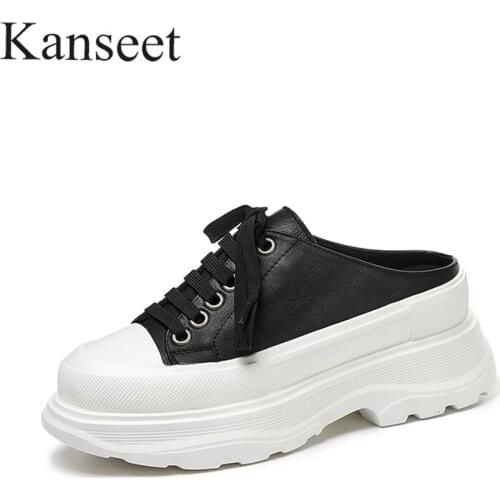 Kanseet Flats Shoes Genuien Leather Woman Round Toe Lace-Up Platform 2021 New Spring Autumn Women Sneakers Black White Shoes