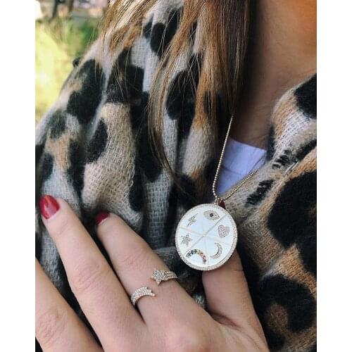 Round coin Pendant necklace for women charm rainbow cz disc engrave star moon lightning lucky eye heart trendy fashion jewelry