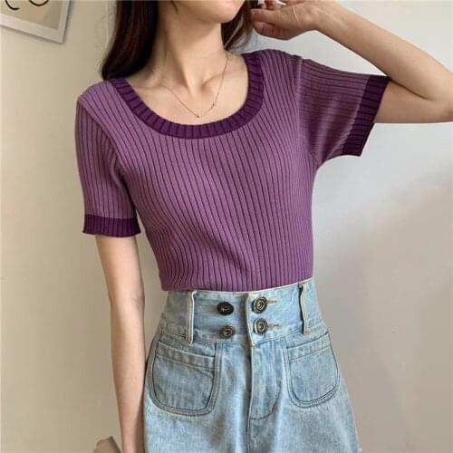 Summer Women Knitting T-shirt Ladies Square Collar T-shirt Fashion Patchwork Short Sleeve T-shirts