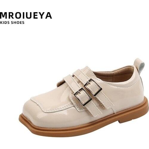 Square New Spring 2021 Girls Shoes Healthy Black White Leather Patent Shoes Flats With Rubber Autumn 3-4-5t Childrens Sweet