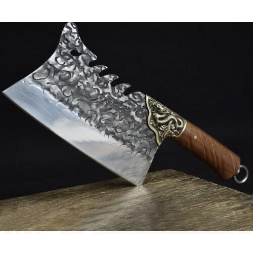 New 9 Inch Hanamde Fixed Blade Knives Copper Dragon Decor Cleaver Chopper Forge Steel Kitchen Knives Bone Meat And Poultry Tools