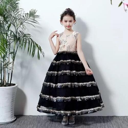 Flower Girl Dresses Illusion Sequined Embroidery Sleeveless O-Neck Princess Floor-Length Tulle Luxury Black Kids Party Gown H547
