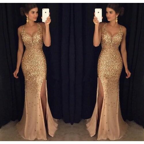 Dresses Mermaid V-Neck Split Sequins Beading Wedding Guest Toast Party Formal Cocktail Prom Gowns 2021