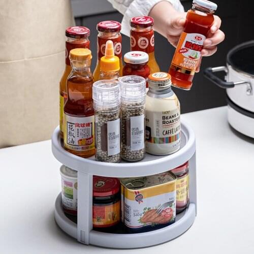 2 Layer Rotation Kitchen Organizer Storage Round Shelf Condiment Storage Rack Spice Drink Cosmetic Tray Kitchen Organizers