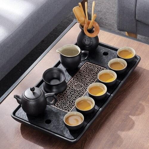 Reservoir tea tray heavy black stone tea table water draining pipe outlet Chinese stone tea plate serving tray small for pot cup