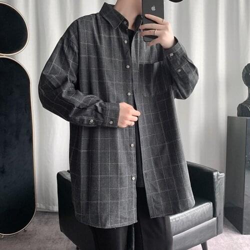 Spring Autumn Korean Fashion Mens Shirts Daily Casual Buton Down Couple Clothes Cotton Long Sleeve Plaid Shirt 4XL 5XL