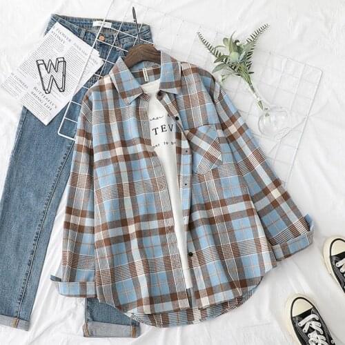 Plaid Shirts Womens Blouses And Tops Long Sleeve Female Turn Down Collar Casual Print Shirts Loose Vintage Students Shirts Tops