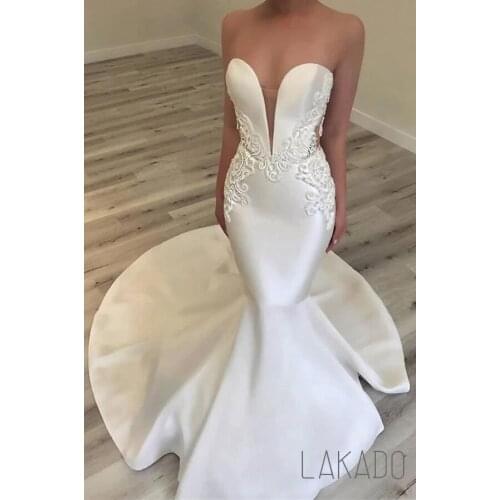 Custom Made Strapless Appliques Wedding Dresses Classic Mermaid Open Back Dresses For Weddings