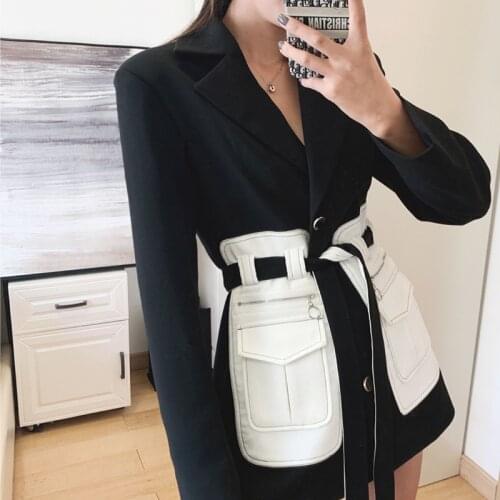 TVVOVVIN 2020 Spring New Fashion Womens Belt Pu Pockets Suit Collar Black Jacket Womens Patchwork Safari Style Tops B889
