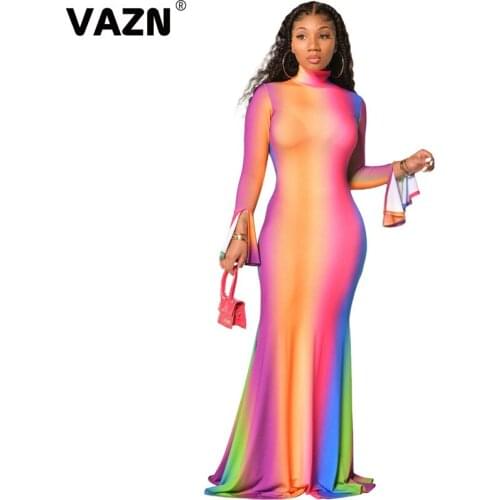 VAZN 2020 Top Quality Mermaid Dress Sexy Club Elegant Free Fashion Round Neck Full Sleeve Women High Waist Maxi Dress