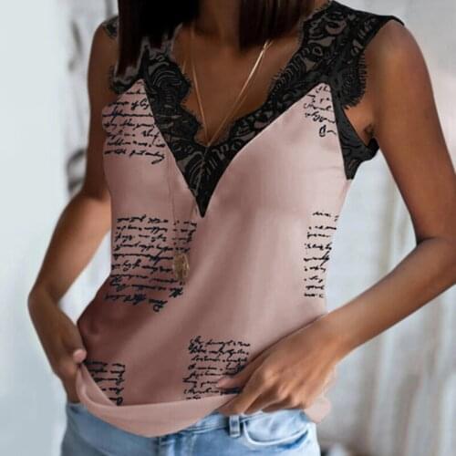 Summer Lace V Neck Women Camis Sexy Backless Casual Letter Print Stitching Female Backless Blouse 2021