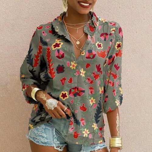 Women Floral Print V Neck Shirt Autumn Single-breasted Shirt Female Long Sleeve Casual Blouse Streetwear XXXL