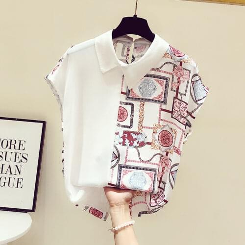 2020 Summer Womens Short Sleeves Turn Down Collar Patchwork Print Chiffon Shirt Ladies Shirts Blouse Tops Blusas A3446