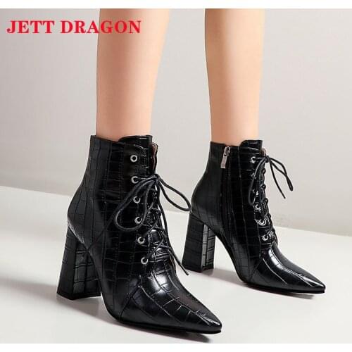 2021 White Black Square High Heel Ankle Boots Spring Autumn Women Shoes Fashion Lacing Zipper Boots Pointed Toe Winter Boots