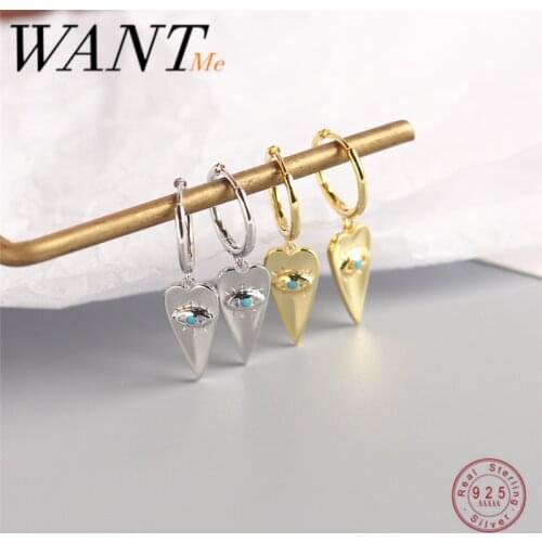 WANTME Korean Genuine 925 Sterling Silver Peach Heart Blue Zircon Demon Eye Stud Earrings for Fashion Women Punk Jewelry Gift