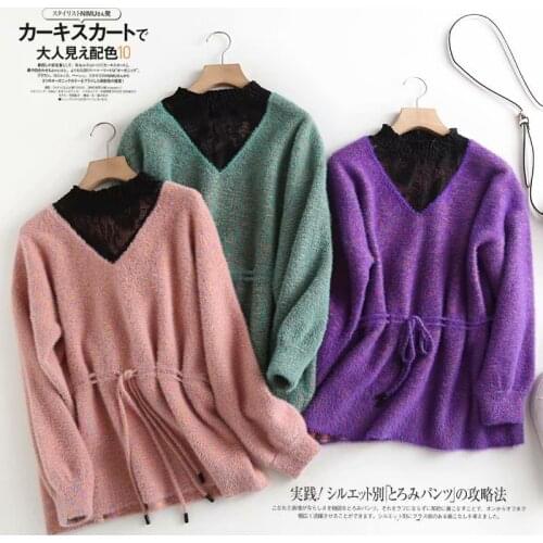 2020 autumn and winter new womens pullover Korean version lace collar stitching drawstring flower line sweater women