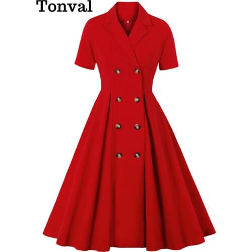 Tonval Notched Collar Double Breasted Elegant Red High Waist Office Ladies Dresses 2021 Women Spring Summer Vintage Midi Dress
