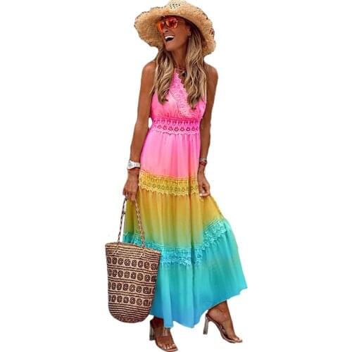 Tie Dye Fashion Dress Gradient Ruffles Print Summer Sleeveless V-Neck Dress Bohemia Holiday Party Women Long Dress Vestidos
