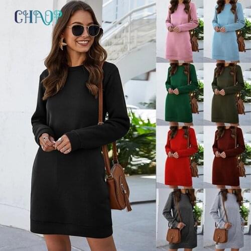 New Autumn Winter Mode Round Neck Long Sleeve Dress Women Pocket Sweater Casual Plus Size Women Fashion Clothing 2021
