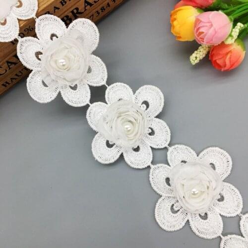 1 Yard Rose Flower Pearl Embroidered Fabric Lace Trim Wedding Dress Apparel Trimming Ribbon DIY Sewing Supplies Craft Decoration