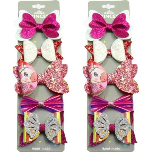 10PCS/SET Pretty Rose Unicorn Baby Girls Clip Leather Bows Child Tie Knot Creativity Handmade Hairpins Hair Accessories For Kids