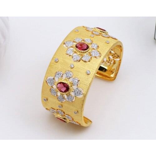 18K Gold Tone Ruby CZ Nature Flowers Bridal Bangle 925 Silver Wedding Rebirth Silky Dream Bracelet Renaissance Fine Jewelry