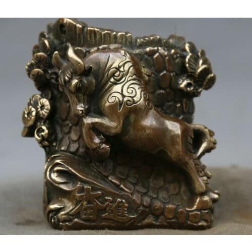 Chinese Dynasty Palace Old Bronze Ox Bull Pine Tree Statue Pencil Vase Brush Pot Bronze Statue