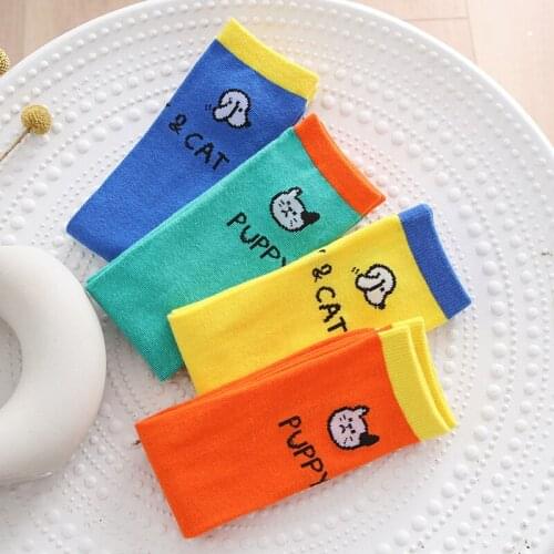 Childrens over-knee stockings spring and autumn pure cotton color cute cats and dogs half-high tube girls summer bottoming sock