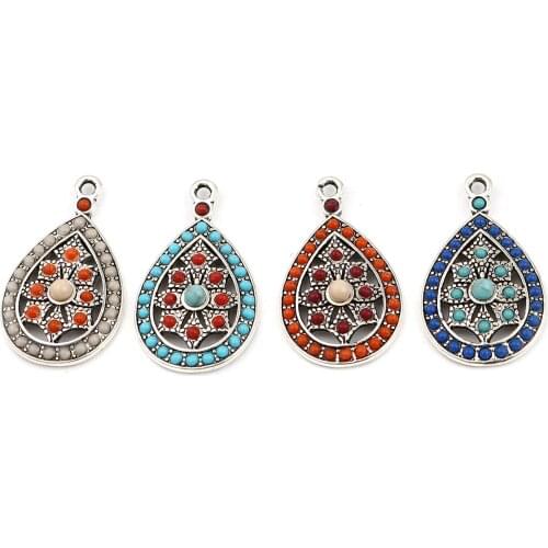 Doreen Box Zinc Based Alloy Boho Chic Bohemia Charms Drop Antique Silver Color Blue Royal Blue Rhinestone 29mm x 17mm, 5 PCs