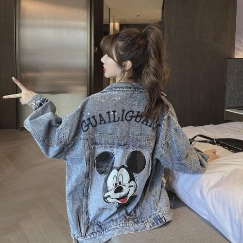 Disney New Mickey Mouse Denim Jacket Mid-length Embroidery Loose Denim Stitching Jacket Korean Hip-hop Style Coat Free Shipping