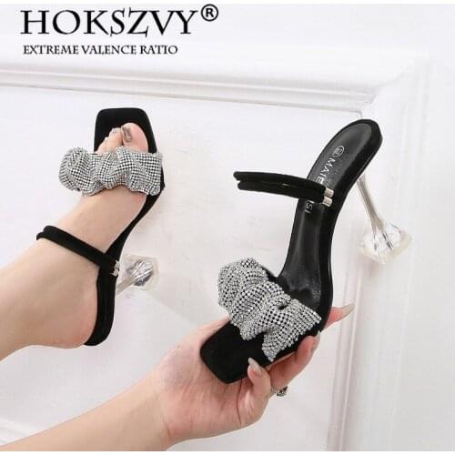 HOKSZVY 2021 Summer New Hollow Korean Style Two-wear Crystal High Heels Stiletto With Square Toe Rhinestone Sandals Women WZ