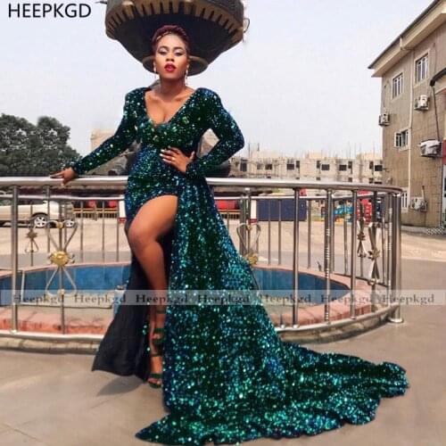 Emerald Green Sexy Long Sleeves Evening Dress High Slit Big Crystals Sparkly Sequins African Women Plus Size Evening Gowns
