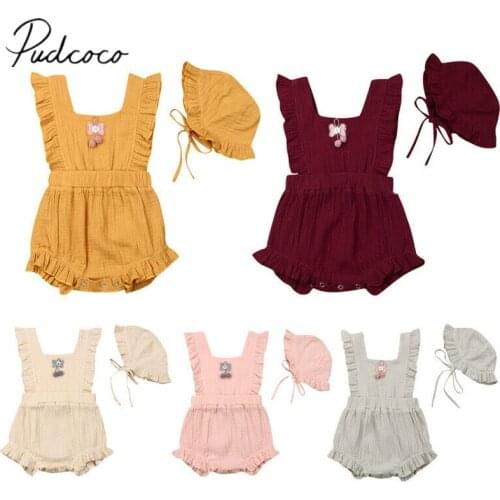 2019 Baby Summer Clothing Infant Baby Girl 100% Cotton Romper+Hats 2pcs Ruffles Sleeveless Flower Solid Jumpsuit Outfits Clothes