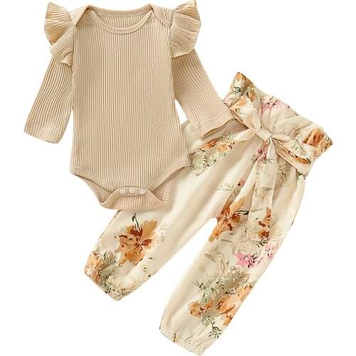FOCUSNORM Baby Girls Clothes Set Long Sleeve Solid Color Ribbed Knit O-neck Romper+Floral Long Pants Kids 2Pcs Casual Outfits